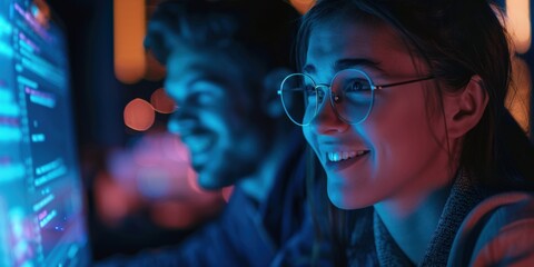Individuals using a computer at night with overlays, focused on tech support, data analytics, and UX. Collaboration, learning, and training with holographic tools for innovation and teamwork