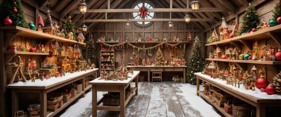 Fototapeta premium Christmas Workshop Decorated with Ornaments and Wooden Toys