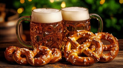 Beer cups in Munich, Germany's Oktoberfest paired with warm pretzels or brezen.