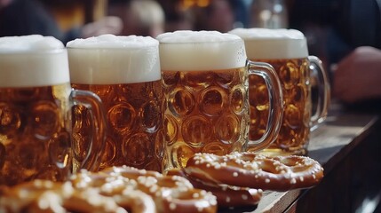 Beer cups in Munich, Germany's Oktoberfest paired with warm pretzels or brezen.