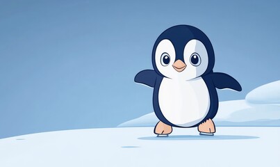 Naklejka premium Cute Cartoon Penguin on Ice in Winter Wonderland with Clear Blue Sky and Snowy Background