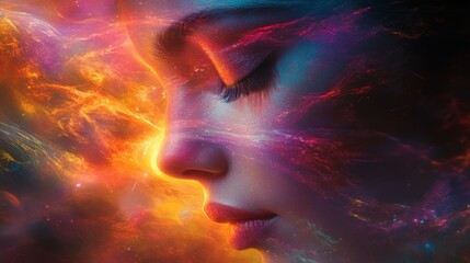 A woman's face is obscured by a swirling nebula of vibrant colors.
