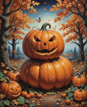 Halloween pumpkin 3n an autumn forest fun, celebration, design, advertising, gifts, illustrations.