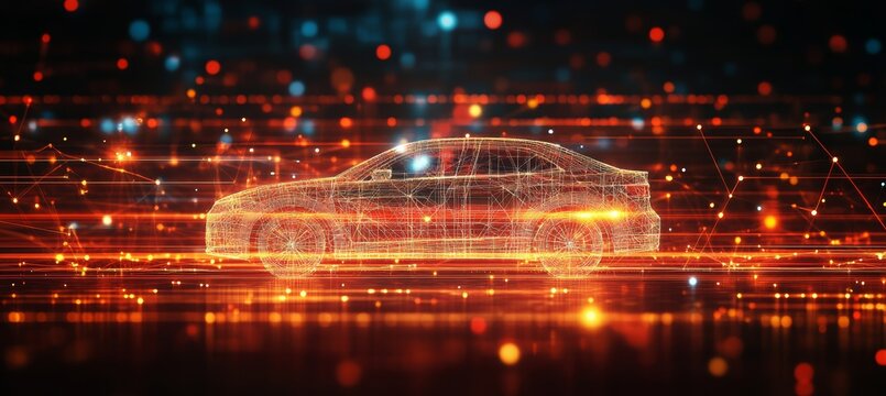 Abstract Wireframe Of Autonomous Driverless Car, Future Of Transportation Concept. 3D Illustration.