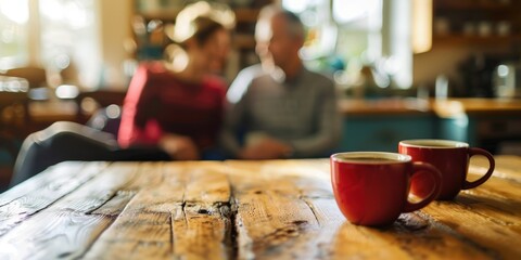 Senior couple enjoys quality time together, bonding over coffee or tea in a cozy kitchen, cherishing moments of peace and relaxation in their lives