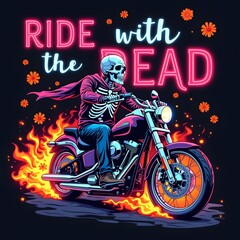 A T-shirt design of a skeleton riding a motorcycle 