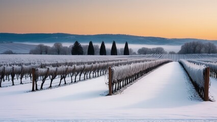 Obraz premium Snow-covered vineyard rows with green grapevines in a rural winter landscape