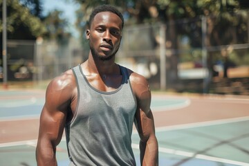 An athletic individual resting on a basketball court post-game, showcasing strength and endurance after an intense outdoor workout
