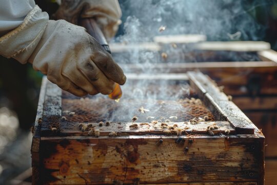 Beekeeper using a smoker and equipment to soothe bees for honey harvesting. Focus on sustainable agriculture and organic practices in beekeeping