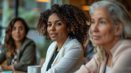 Group of diverse women engaged in conversation at a cafe, networking and sharing business ideas for remote work and social connections