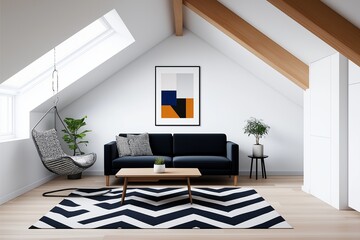A stylish attic living space featuring a navy sofa, suspended chair, geometric art, and chevron rug, enhanced by natural light from skylights and wooden beams.