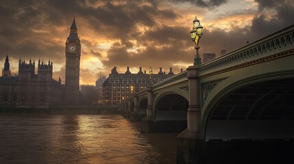 Naklejka premium Westminster Bridge, the Houses of Parliament, and Big Ben in London. 