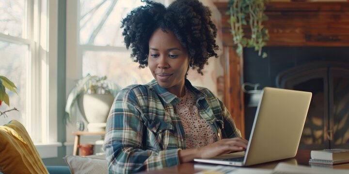 Woman working in a home office on a laptop for research, managing social media or blogging while freelancing, communicating via email and chat at her desk
