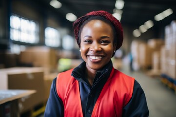 Fototapeta premium Portrait of a smiling African American female worker at factory
