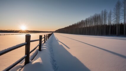 Fototapeta premium Wooden fence posts casting long shadows on snow-covered field during winter sunrise 