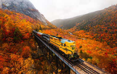 North Conway, New Hampshire - October 14, 2021: Famous Conway Train Touring New England Scenic Ride...