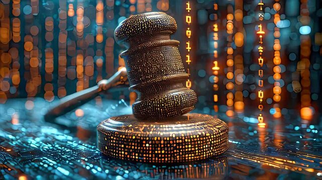 Close up of judge gavel and binary code with bokeh background