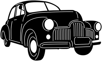 Illustration of vintage old cars in a black and white silhouette style, depicting transportation.