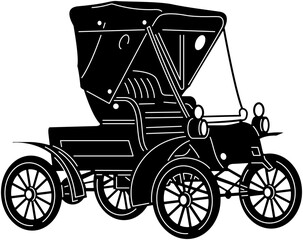 Illustration of vintage old cars in a black and white silhouette style, depicting transportation.