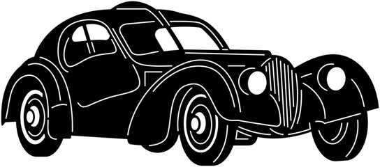 Illustration of vintage old cars in a black and white silhouette style, depicting transportation.