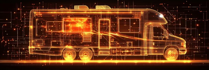 Glowing Outline of a Modern RV on a Technology Background. Travel and Innovation Concept.