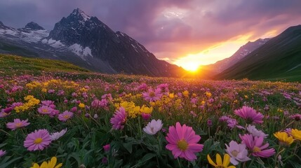 A vibrant field of wildflowers blooms at sunset in a mountain valley.