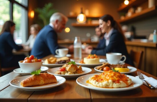Breakfast meeting featuring a variety of dishes in a cozy café with soft lighting and people engaged in conversation
