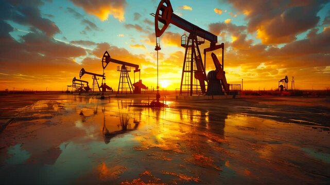 Oil field scene with pump jack and reflection in water