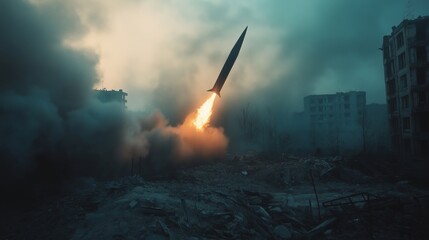 Obraz premium war, missile attack, ruined ukrainian city