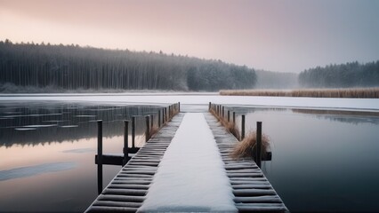 Naklejka premium Snow-covered dock extending into a calm frozen lake in a rural winter landscape 