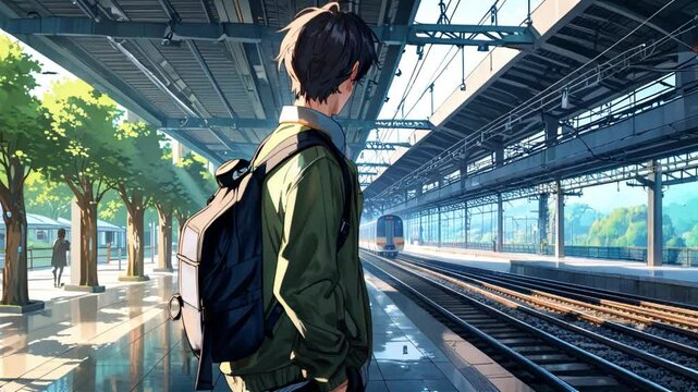 2d animation of young man standing on the railway station