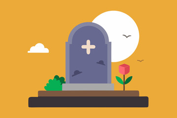 Gravestone or tombstone. Element of Halloween and death. Grave in cemetery. Funeral and burial. Old Stone with crack with flower. Flat cartoon isolated illustration.with white background