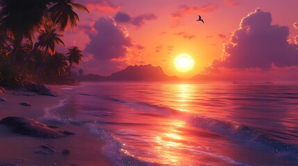 A vibrant sunset paints the sky with hues of pink and orange as the sun dips below the horizon over a tropical beach. Palm trees stand tall along the shoreline, 
