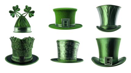 Collection of St. Patrick's Day Green Top Hats on a White Background Generative AI