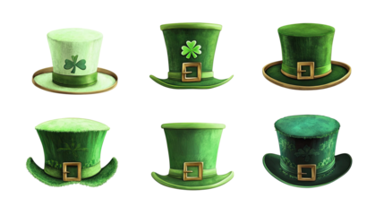 Collection of Green St. Patrick's Day Top Hats on a White Background Generative AI