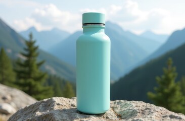 A turquoise water bottle rests on a rock with mountains and trees, capturing the essence of outdoor adventures in nature