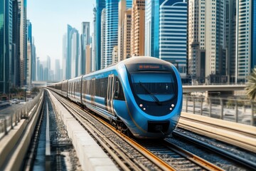 Naklejka premium Modern Train Moving Through Cityscape with Tall Buildings