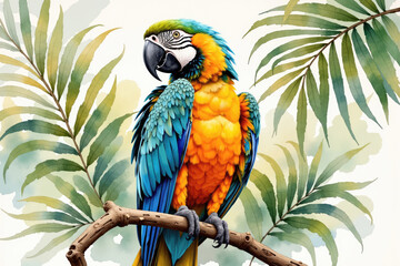 Colorful macaw parrot perched on branch in jungle