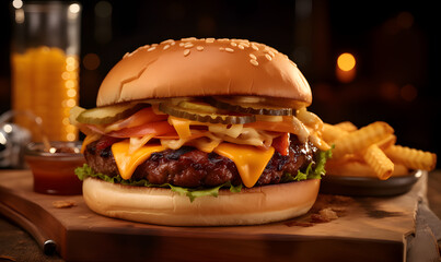 Deliciosa hamburguesa jugosa con queso derretido y crujientes papas fritas doradas. Ideal para amantes de la comida r&aacute;pida, perfecta para men&uacute;s de restaurantes y publicaciones gastron&oacute;micas.