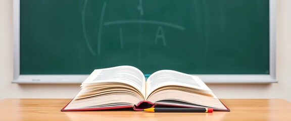  An open book rests on a table, accompanied by a set of pencils, suggesting a space for study or creativity, generative ai