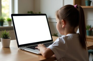 Young girl focused on using a laptop at home in a bright, plant-filled room during the afternoon