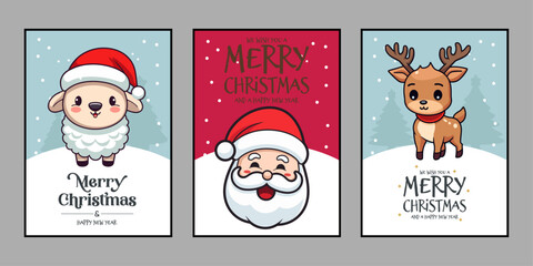 Cute Santa Claus, Reindeer, and Sheep Lettering Vector for Merry Christmas and Happy New Year Card Set
