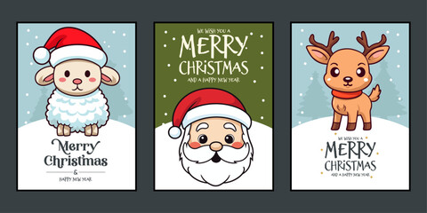 Greeting Card Set: Merry Christmas and Happy New Year with Cute Santa Claus, Reindeer, and Sheep Lettering Vector
