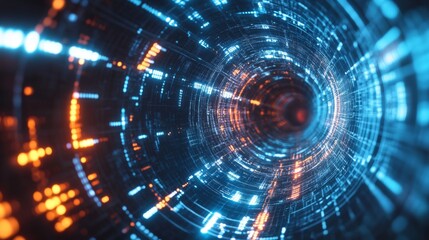 Obraz premium abstract representation of a swirling data tunnel, featuring glowing blue and orange patterns that suggest high-tech digital movement.