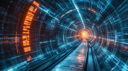 Fototapeta premium abstract representation of a swirling data tunnel, featuring glowing blue and orange patterns that suggest high-tech digital movement.