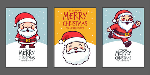 Merry Christmas and Happy New Year Greeting Card Set with Cute Santa Claus Lettering Vector
