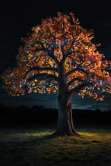 A glowing magical tree illuminating the night, casting vibrant colors around its surroundings and creating a whimsical and enchanting atmosphere in nature