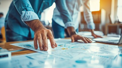 brainstorming table of business working hands teamwork  with paperwork, sticky note and data at meeting workspace office.	