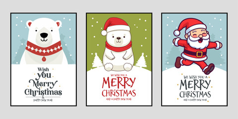 Christmas Card Set Featuring Merry Christmas and Happy New Year Greeting with Cute Santa Claus and Polar Bear Lettering Vector
