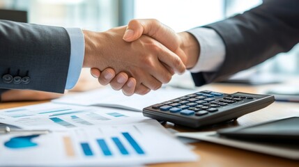 professional handshake over a desk with financial documents and a calculator, symbolizing agreement and collaboration in business.